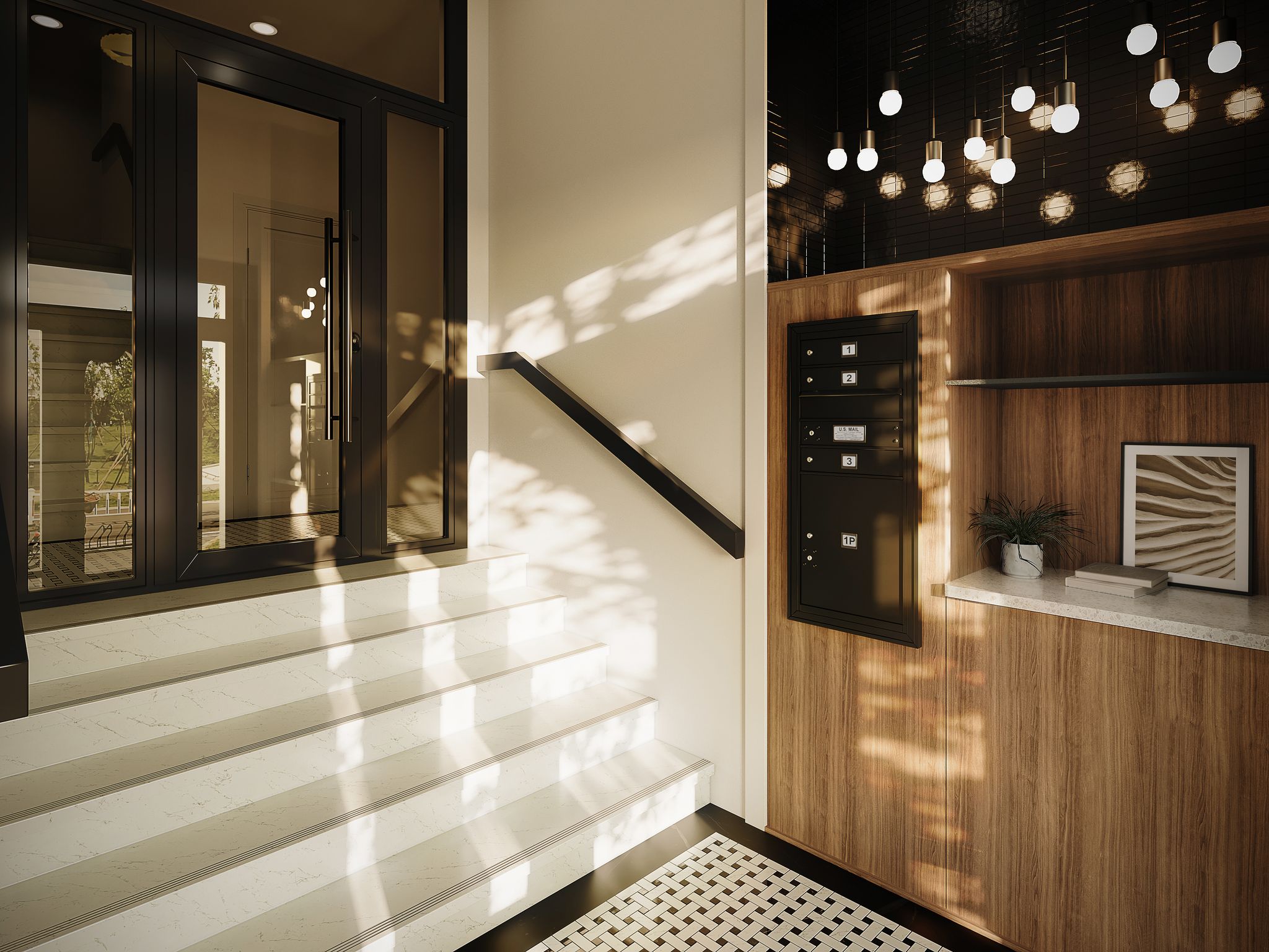 A modern building entryway features black mailboxes, a glass entrance door, and white stairs alongside wood paneling and decorative pendant lights.