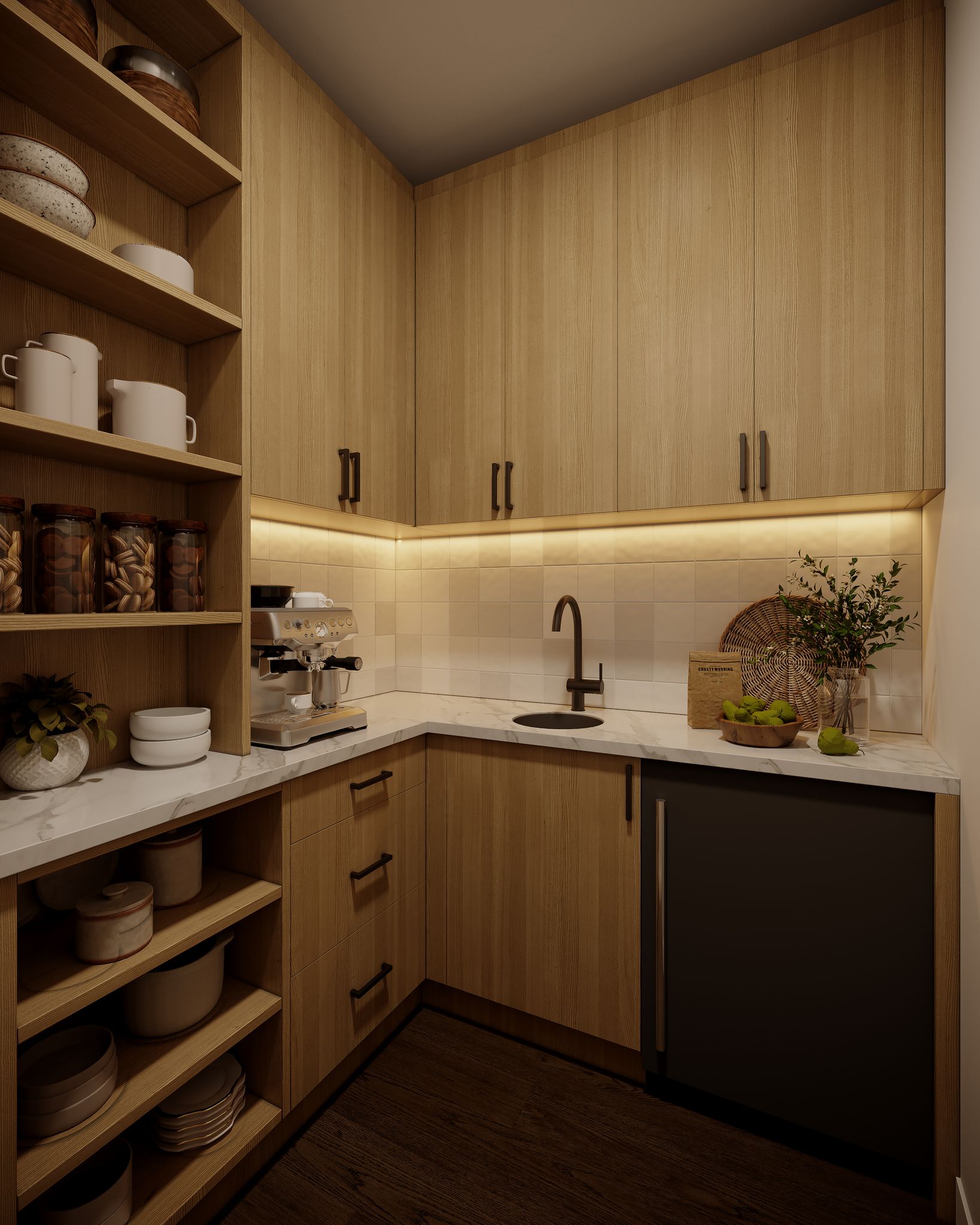 A modern pantry corner features wood cabinetry, open shelving, an espresso machine, a sink, and a built-in beverage cooler.