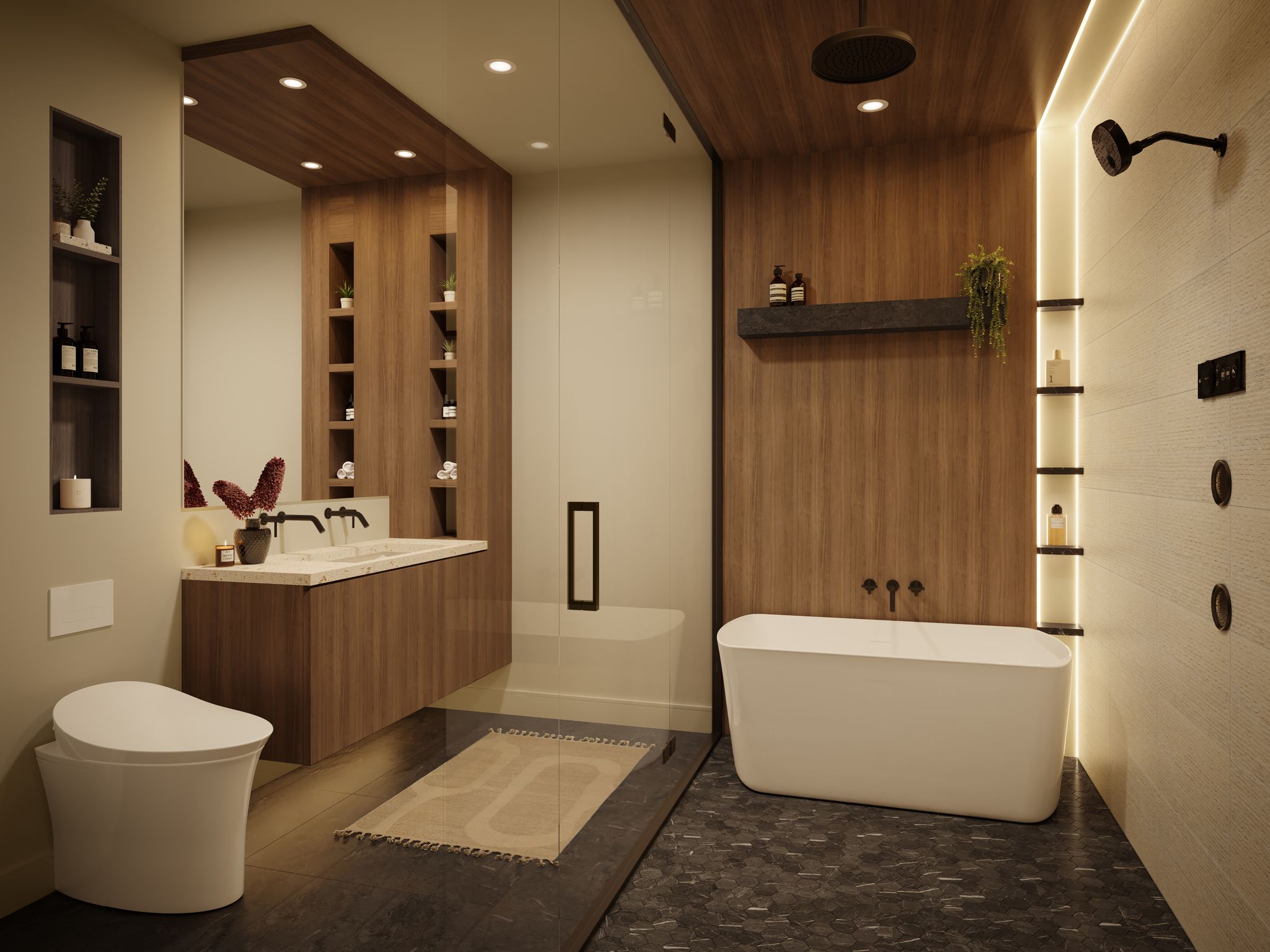 A modern bathroom showcases a double vanity, a freestanding tub, and a shower area with wood paneling and integrated lighting.