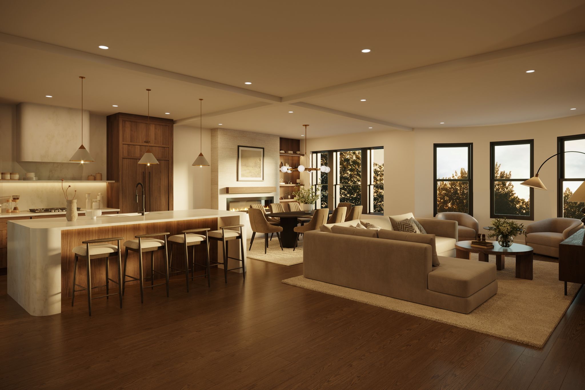 An open-concept interior rendering shows a kitchen island, dining area, and living room with a fireplace and large windows.