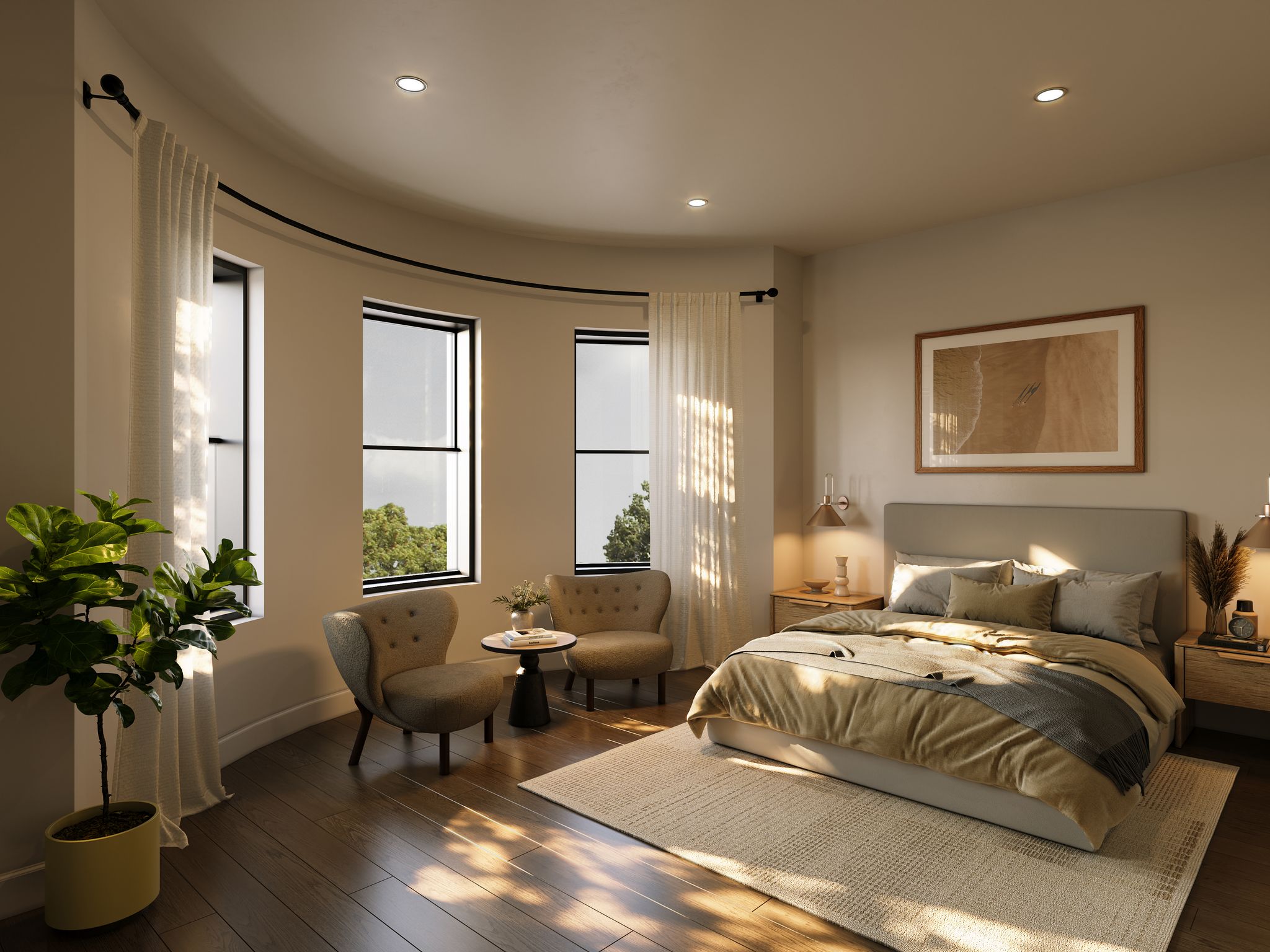 A rendered primary bedroom features a large bed with neutral bedding, two armchairs, and a curved wall with multiple windows.
