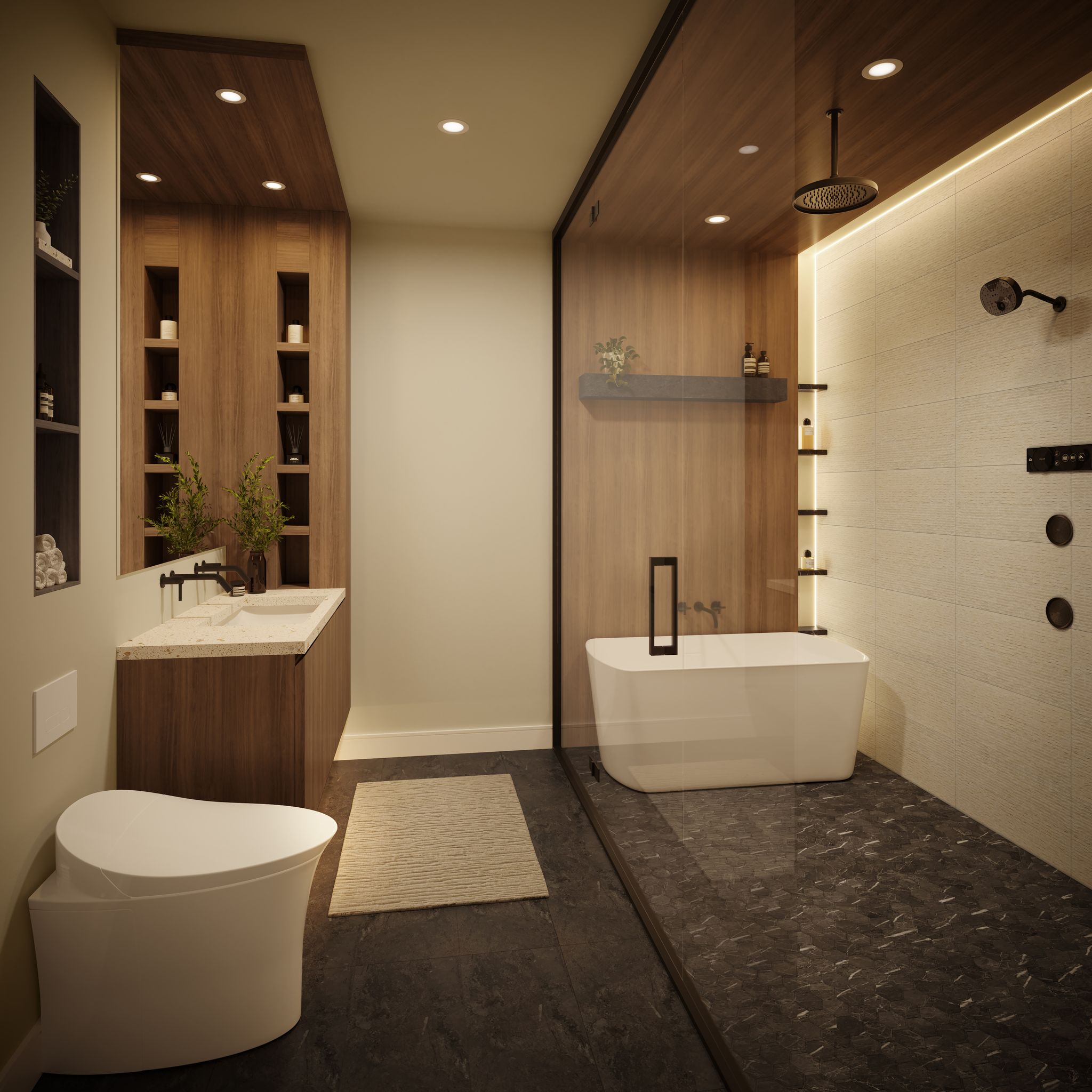 A modern bathroom features a floating vanity, toilet, and a glass-enclosed wet room with a bathtub and shower.