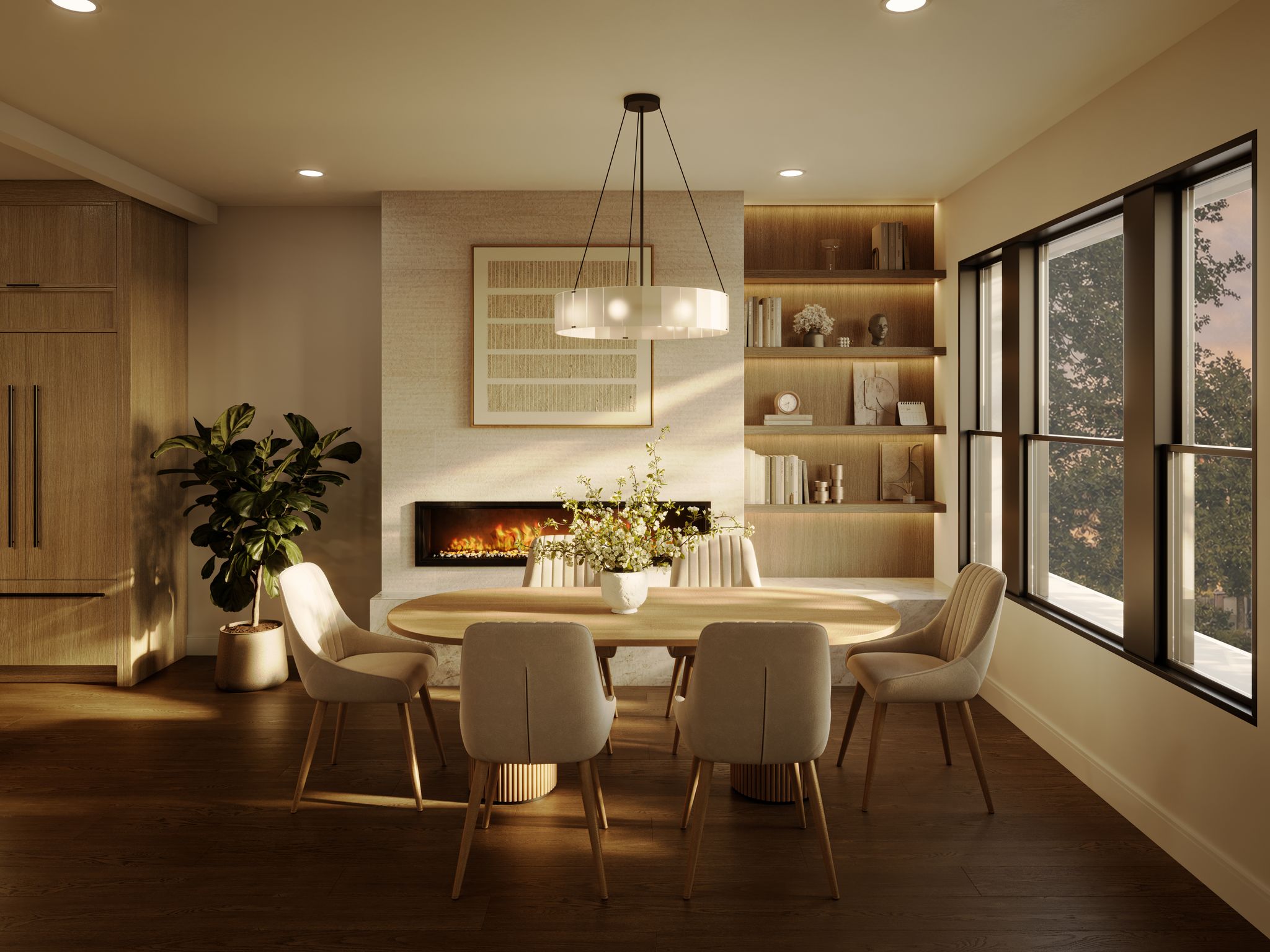 A modern dining room features a fireplace, built-in shelves, a wooden dining table, and large windows.