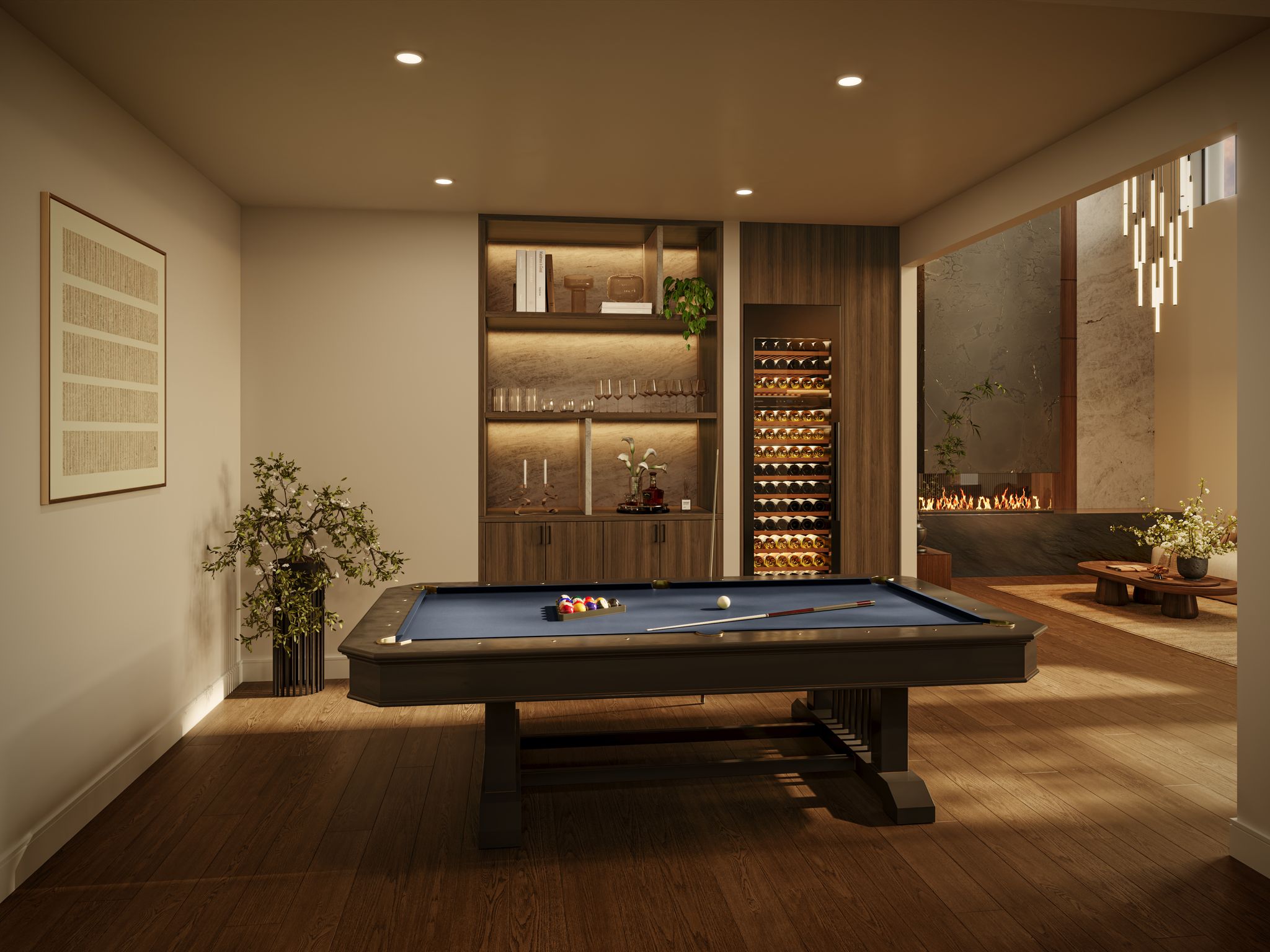 A modern game room featuring a billiard table, a built-in bar with a wine cooler, and hardwood floors, with an adjacent living area visible through an opening.